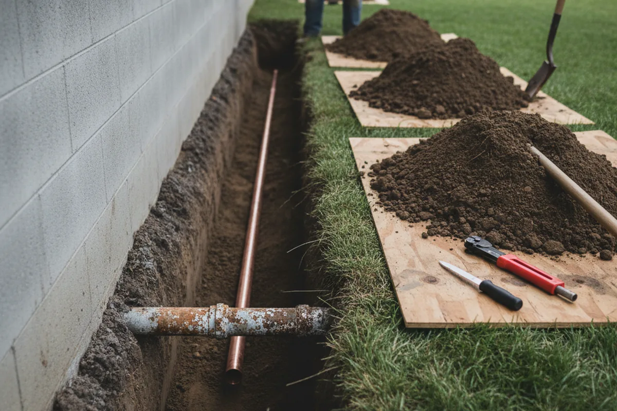 Excavated water line trench during Sewer Line Repair in Nowata